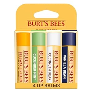 Burt’s Bees Lip Balm – Beeswax, Cucumber Mint, Coconut & Pear, and Vanilla Bean Pack, With Responsibly Sourced Beeswax, Tint-Free, Natural Origin Lip Treatment, 4 Tubes, 0.15 oz.