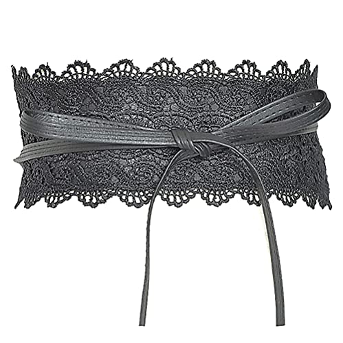 Women's Lace Waist Belt Bow Tie Wrap Around Soft Leather Boho Corset Fashion Elegant for Dresses (Black)