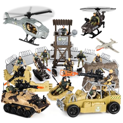 UFLJPKS Army Toys, Kids Military Battle Playset with Army Men Action Figures, Army Vehicles, Tank, Truck, Boat, Motorcycle, Helicopter, Soldiers Weapons Accessories, Boys Great Military Gift Toy by UFLJPKS - Used condition - US$13.47