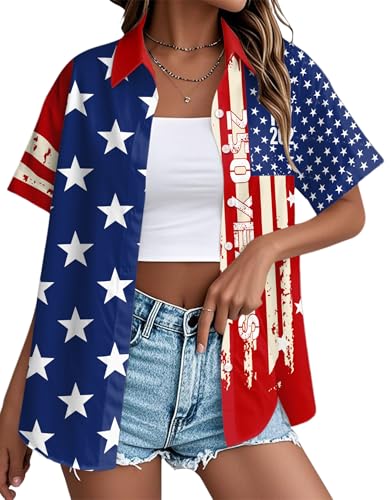 Image of Ithalt 4th of July Hawaiian Shirts Women American Flag Patriotic Short Sleeve Button Down Outfits Summer Vacation Tops