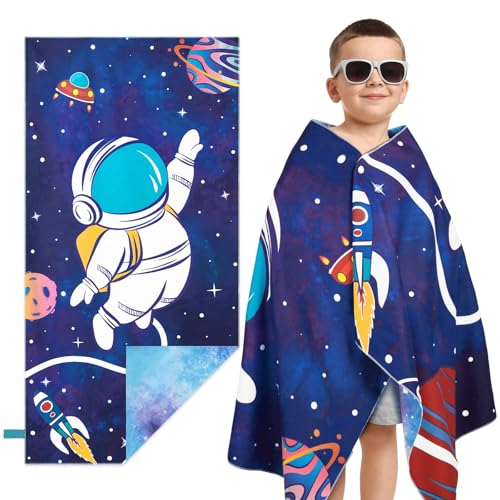 WERNNSAI Space Kids Beach Towel for Boys, 30” x 60” Double-Sided Towel for Kids, Kids Beach Pool Bath Bathroom Swim Towels, Quick Dry Super Soft Beach Blanket Towel
