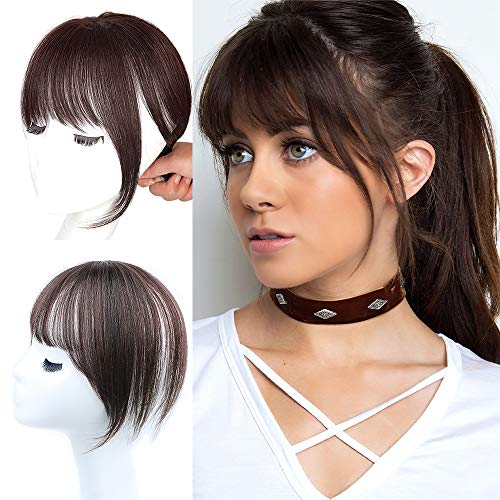 DeeThens Clip in Air Bangs 3D Hair Straight Neat Straight Dark Reddish Brwon Synthetic Hairpece Frings Bangs for Women.