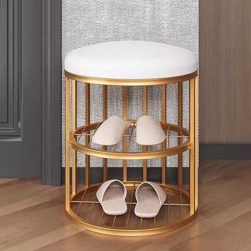 Taburete para zapatos, mini banco de entrada, banco de pasillo con almacenamiento de zapatos para espacios pequeños, banco bajo con cojín, marco de metal dorado