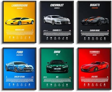 HTTART Car Posters Wall Art Set of 6, Colorful Supercar Canvas Wall Decor Paintings, Vintage Race Car Aesthetic Prints Pictures for Boys Room Men Room Bedroom Dorm 8x10Inch Unframed