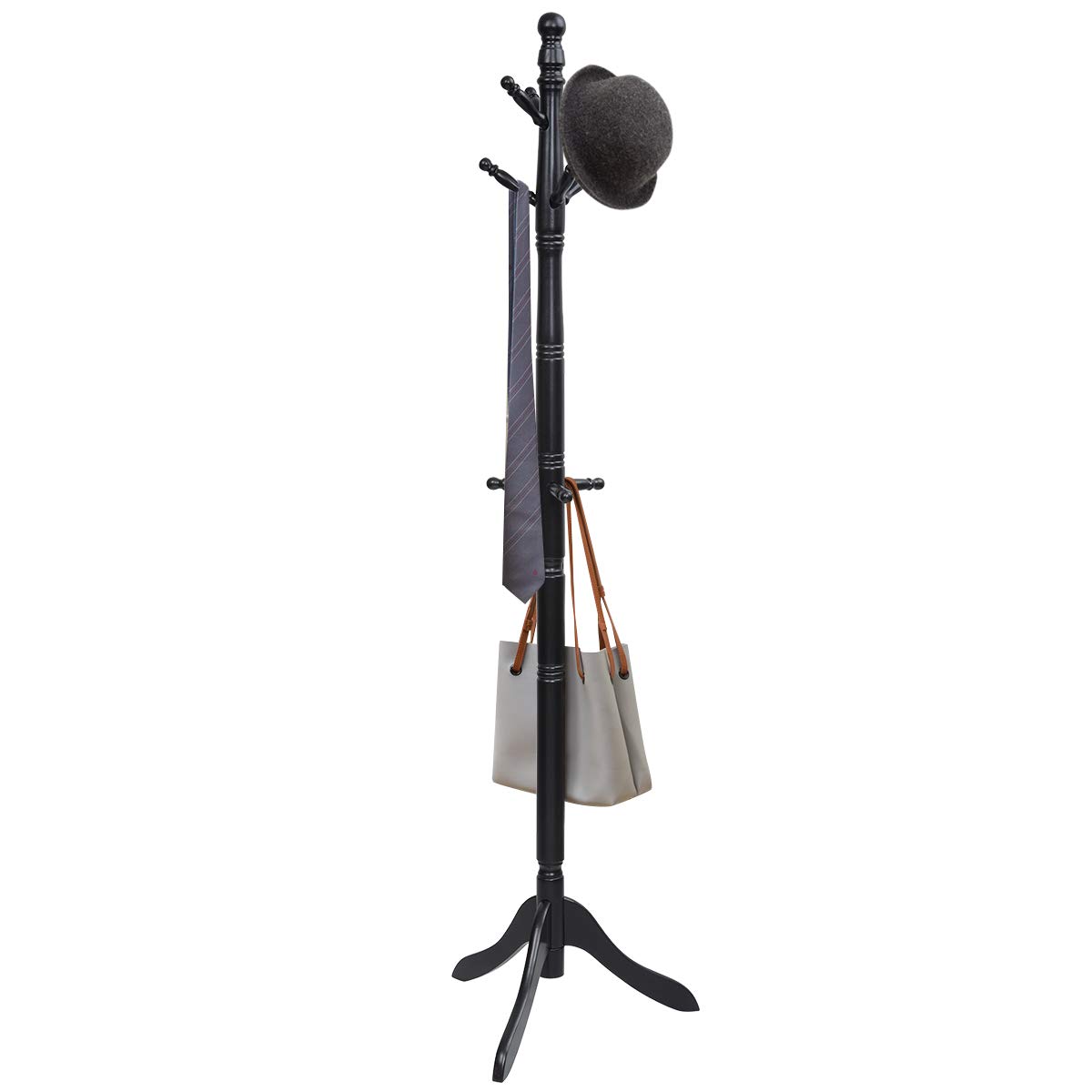 KARAT Kledingrek zwart in houtlook en staal, stabiel en robuust met 6 haken, ronde voet en opbergvak, kledingstandaard voor kleding, garderobe en hoeden, tafelstandaard voor de hal, hoogte 174 cm