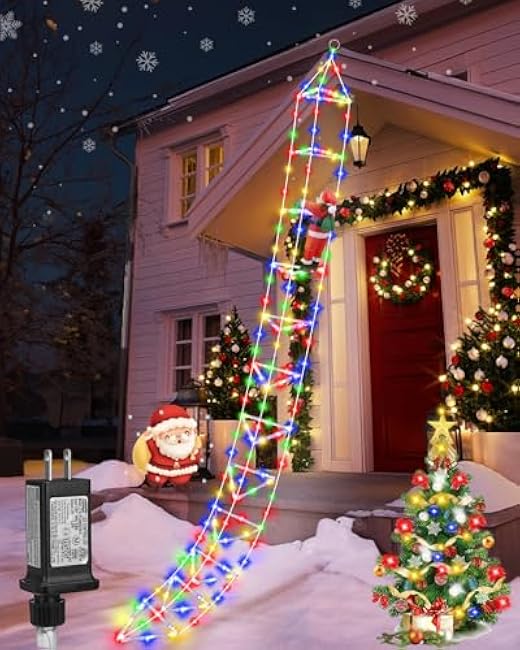 FUNIAO New Outdoor 3D Santa Claus Ladder Light - 9.8FT LED Christmas Decoration with 8 Light Modes and 300 LEDs for Wall, Tree, Window, Garden, Patio (Multicolored)