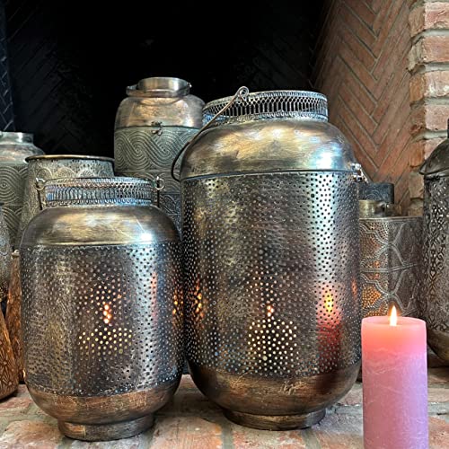2 Piece Moroccan Temple Lantern Set, Dotted Daisy Mandala Lattice, Antique Gold Finish, Iron, 17 And 13 Inches #TOP3