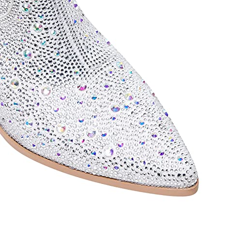 Vimitty Women's Rhinestones Cowboy Boots Western Knee High Boots,Sparkly Pointed Toe Mid Calf Boots Chunky Block Heel Cowgirl Boots With Pull On Taps #TOP2
