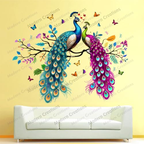 Image of Two Decorative Peacock Wall Sticker, Large Two Peacock Wall Design Sticker, Living Room Wall Art Stickers Big Size Wall Sticker
