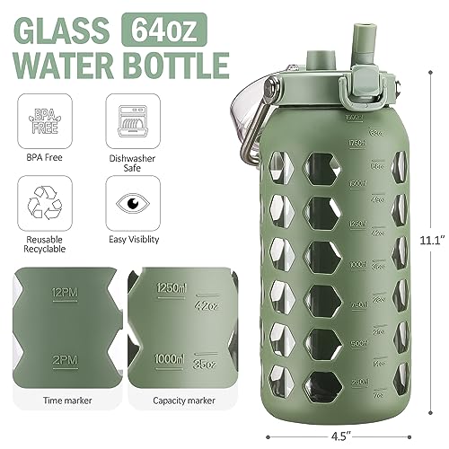 Image of MUKOKO 64oz Glass Water Bottle with Straw and Lid, Olive