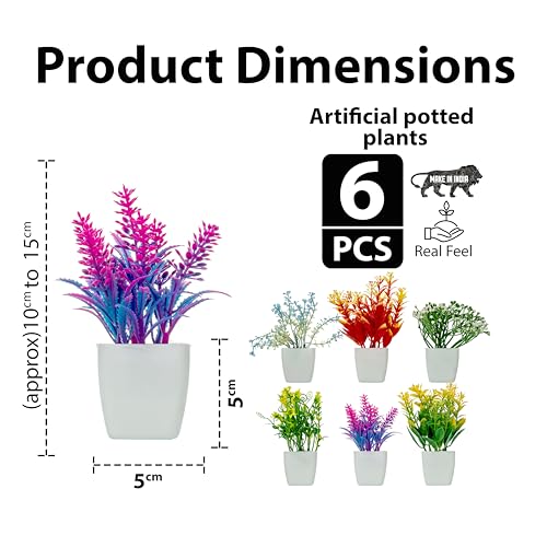 Image of JH Gallery Artificial Flowers, Small Indoor Potted Houseplants for Home Decor, Decoration Items for Living Room, Office and Bedroom, Artificial Plants with Pot (Pack of 6)