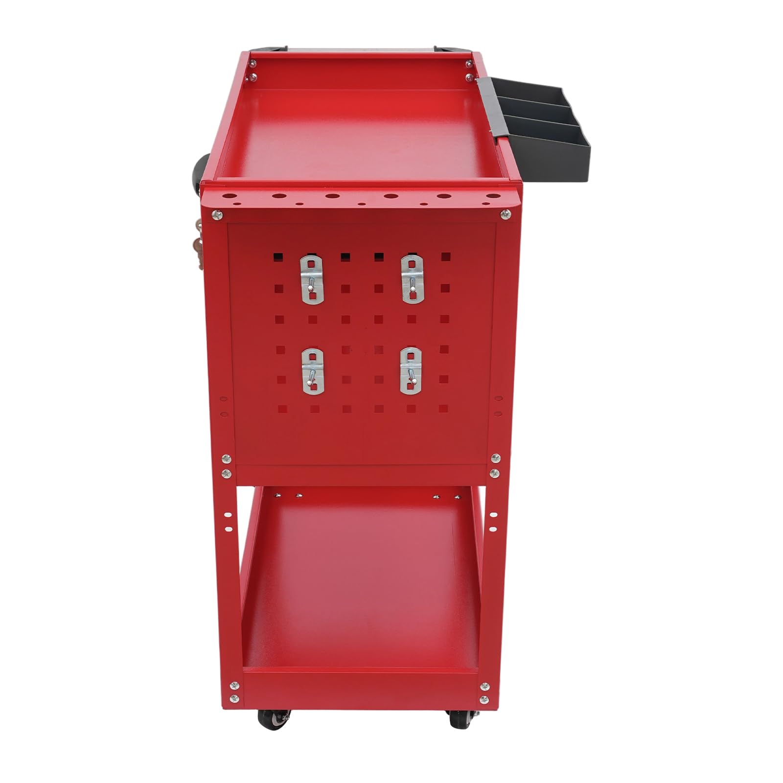 Carro de taller de taller de 3 niveles con cajón, carro de herramientas con agujeros y ruedas, para mantenimiento de automóviles, almacén, garajes (rojo)