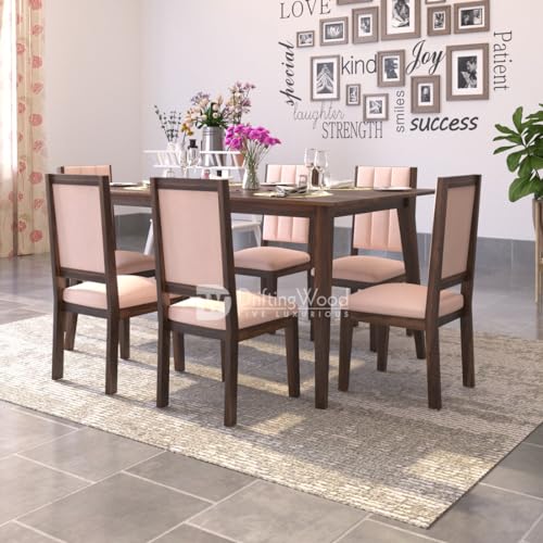 Image of DRIFTINGWOOD Atlantis Sheesham Wood Dining Table 6 Seater | Wooden Six Seater Dinning Table with Cushion Chairs | Dinner Table 6 Seater | Dining Room Sets | Self Assembly, Walnut Finish