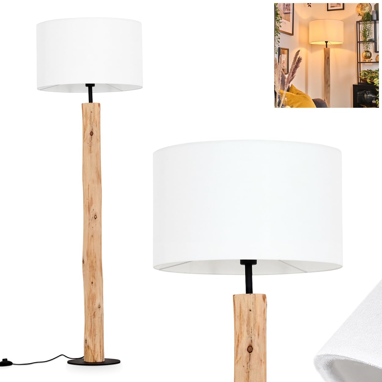 Lampada da terra Flemming, lampada da terra in legno/metallo/tessuto colori naturale/nero/bianco, design scandinavo con paralume rotondo (Ø 50 cm) e interruttore a pedale, E27, senza lampadina