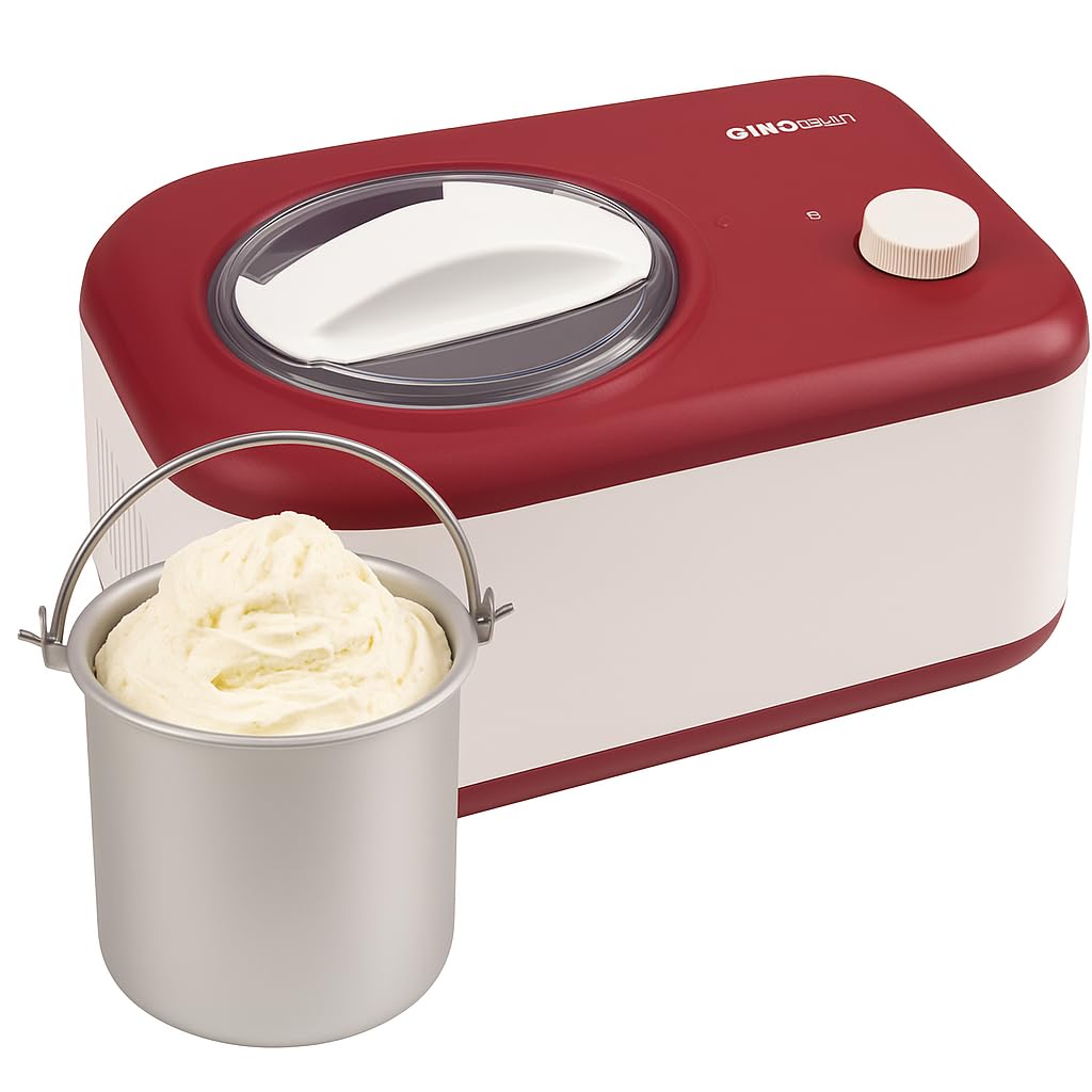 Gino Gelati Eismaschine mit Kompressor Polari Eiscreme Maschine Eisbereiter, 1 Liter, leichte Reinigung, Weiß/Rotes Design, 100 Watt Leistung, 8 Kg Gewicht