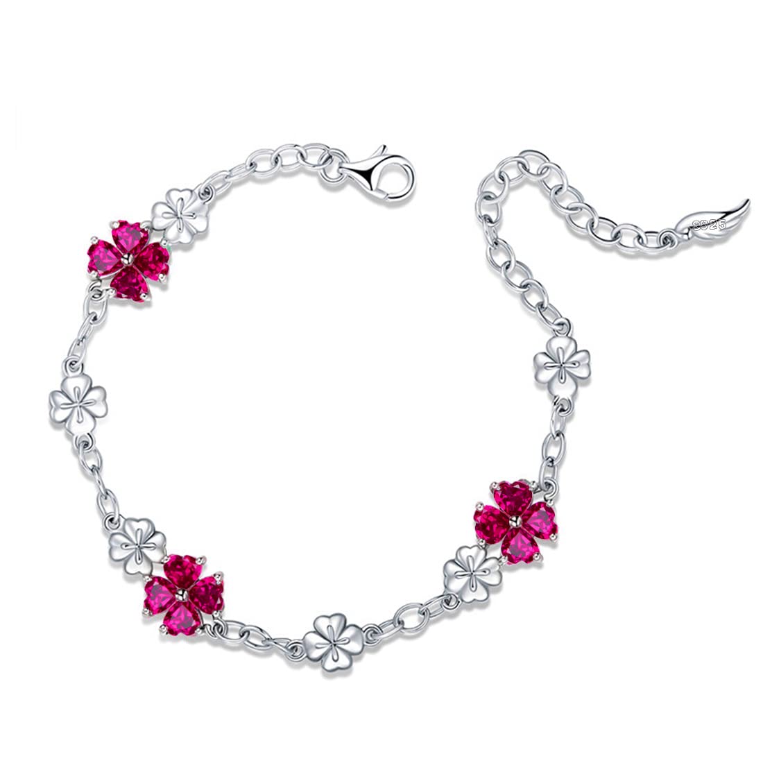 JIANGXIN Lucky Four leaf clover 925 Sterling Silver Birthstone Chain Link Bracelet for Women Gemstone Jewelry Shamrock Birthday Gift 16+4cm