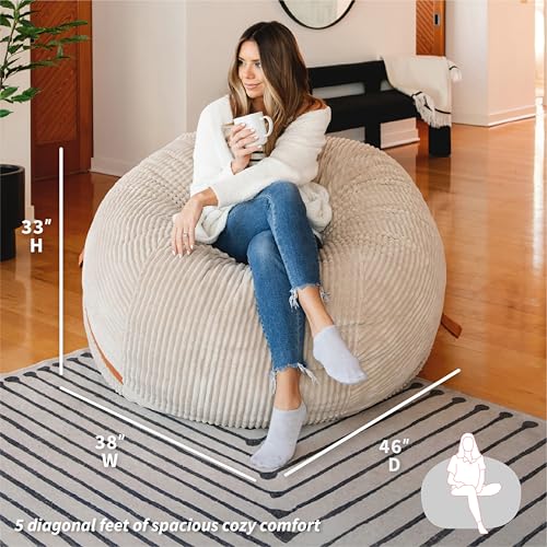 Image of Big Joe Fuf 5Ft Oversized Foam Bean Bag Chair with Removable Cover for Kids, Teens, Adults, Vanilla Latte, Corded Plush, 5 Foot Large Reading and Gaming Seat