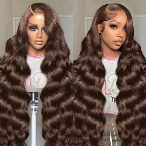 SFTNMEH 30 Inch Chocolate Brown Lace Front Wig 200 Density 13x6 HD Body Wave Human Hair Wig for Women with Baby Hair