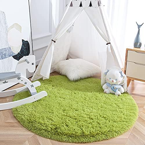 YJ.GWL Fluffy Round Rug Nursery Rug, Green Circle Rug Kids Rug for Playroom, Fuzzy Rug Circular Carpet for Bedroom Living Room, Shaggy Rug for Cute Room Decor for Baby Teen Girls, 4 x 4 Feet
