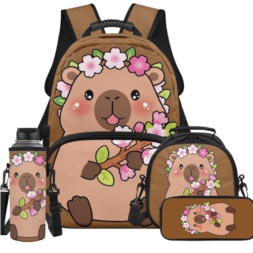 Flower Capybara 4pcs School Bag Set School Backpack for Kids 8-12 Girls and Lunch Bag Box Bookbag with Insulated Thermal Cuteer Lunch Box Pencil Case Water Bottle Sleeve Elementary