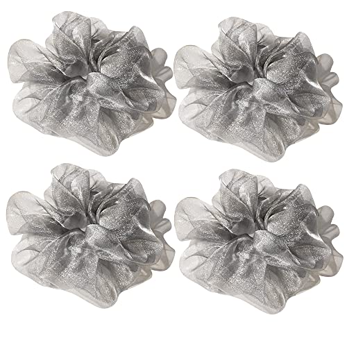 4 Pack Glitter Dance Transparent Bun Net Tuck Net Hair Scrunchies for Girl Rich Tones Bun Covers Mesh String Bobbles Elastic Headdress Ties Ponytail Bun Holders Hair Donut Hair Accessories for Performance,Dance,Cheer,Birthday,Themed Party Festivals (Grey) image 4