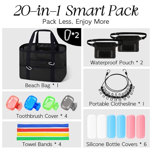 XX-Large Mesh Beach Bag Tote - 9 Pockets for Family Travel/Vacation & Beach Essentials, Foldable & Lightwiht2