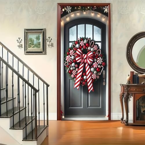 BlissYard Door Cover Pine Greenery Candy Cane 35x71 Inch Polyester