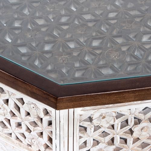Image of Wooden Coffee Table for Living Room | Solid Wood Handcrafted Center Table for Living Room with Carved Jaali Design | Tea Table for Living Room Wooden Furniture for Home (White Distress)