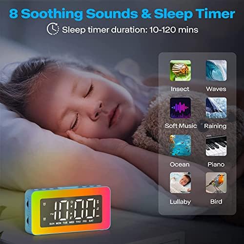 Alarm Clock for Kids, Digital Clock with 8 RGB Night Lights, LED Display Mirror Clock, Dual Alarms, Snooze, Dimmable Brightness, Timer, USB Port, 8 Sleep Sounds, Alarm Clocks for Bedrooms
