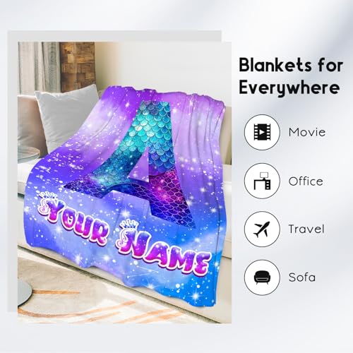 Mermaid Blanket for Girls - Personalized Mermaid Gifts for Kids - Custom Flannel Soft Cozy Blankets with Name - Fuzzy Initial Throw for Sofa, Living Room