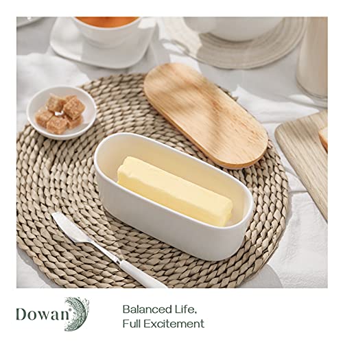 Dowan Porcelain Butter Dish, Covered Butter Container With Wooden Lid For Countertop, Airtight Butter Keeper With Covers For East West Coast Butter, White #TOP1