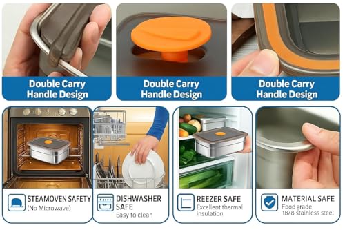 Image of SOLIGT Marve Fridge Storage Box 1000 Ml 316 Stainless Steel Food Storage Containers | Food Grade, Leakproof Kitchen Organizer | Freshness Locking, Microwavable & Freezer Safe, Silver With Lid 3 Pcs