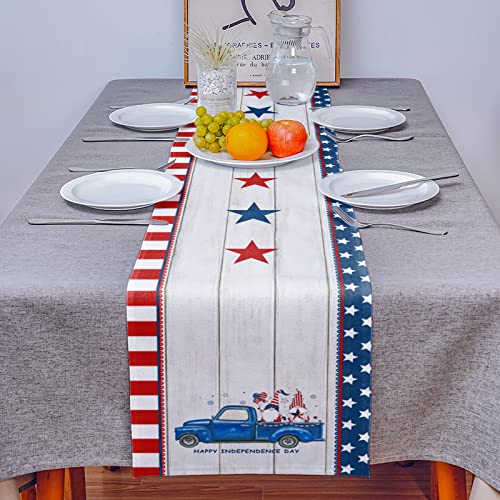 4Th Of July Table Runners 120 Inches Long Stars And Stripes Truck With Patriotic Gnome Table Runner For Family Dinner/Outdoor Indoor Party, Cotton-Polyester Blend Dresser Scarf Table Decorations #TOP2