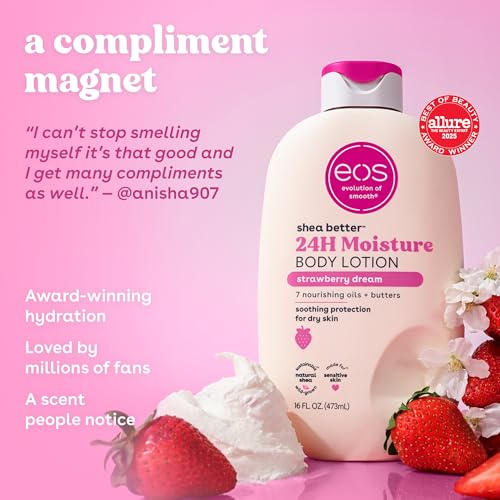 Image of eos Shea Better Body Lotion Strawberry Dream, 24-Hour Moisture Skin Care, Lightweight & Non-Greasy, Natural Shea, Vegan, Strawberry Body Lotion, 16 fl oz