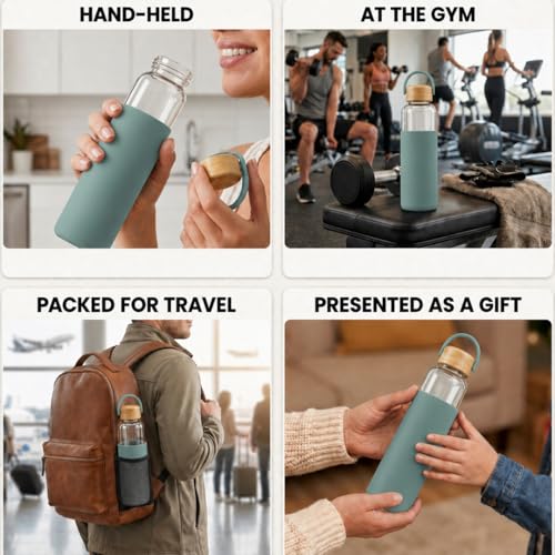 Image of Giftana Personalized Borosilicate Glass Water Bottle 500ml with Glass Sipper Tumbler 450ml, Reusable Leakproof Drinking Bottle with Silicone Sleeve, Eco-Friendly Bottle for Office Gym Travel (Green)