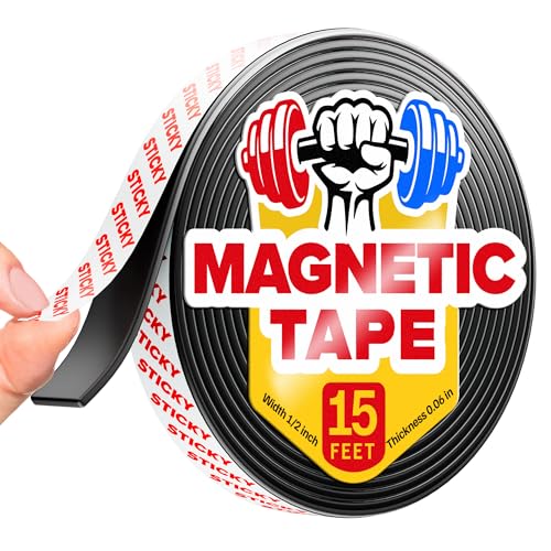 Super Sticky Magnetic Tape (15 Feet x 1/2 Inch / 4.5m x 1.25cm) - Strong Magnet Strip with Adhesive Backing for DIY & Crafts - Easy to Cut and Mount On Fridges, Whiteboards & More - Organization