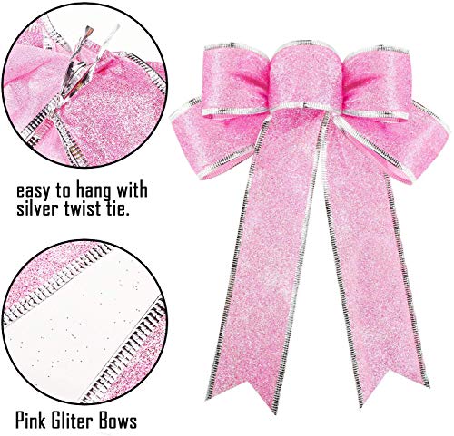 Beurio Pink Glitter Christmas Ribbon Bows Gifts Wreaths Wedding Party Decorations Hanging Ornaments, 6 Pcs #TOP1