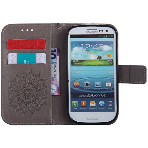Cotdinforca Case For Samsung Galaxy S3 Flip Emboss Mandala With Card Holder Slot Pockets, Magnetic Closure Premium Pu Leather Case Cover For Samsung Galaxy S3 I9300. Mandala Grey #TOP3