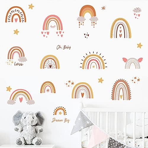 Boho Rainbow Wall Decor Stickers Boho Wall Décor Watercolor Rainbow Heart Star Wall Stickers for Girls Boys Baby Bedroom Nursery Classroom Kids Play Room Home Décor
