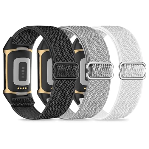 Paquete de 3 correas elásticas de nailon compatibles con Fitbit Charge 6/Charge 5, correa deportiva de tela elástica ajustable para Fitbit Charge 6/5, pulsera transpirable para mujeres y hombres.