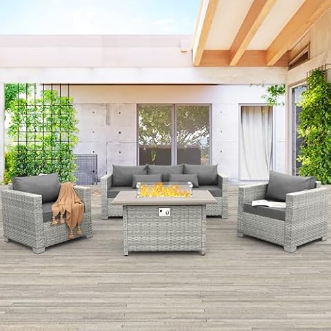 WAROOM Outdoor Patio Furniture Set 4 Piece Wicker Furniture Patio Conversation Sets PE Rattan Patio Chairs Couch Sectional Sofa with Fire Pit Table, Grey Cushion Cover