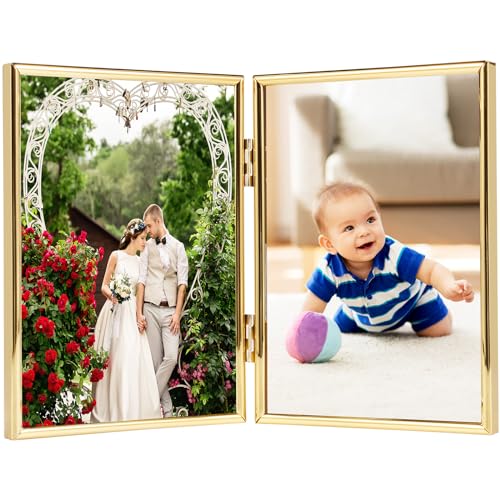 Image of 7x5 Double Photo Frame, Hinged Folding Picture Frame with Glass Front Stand Vertically on Desktop or Tabletop (7x5 BiFold Gold)