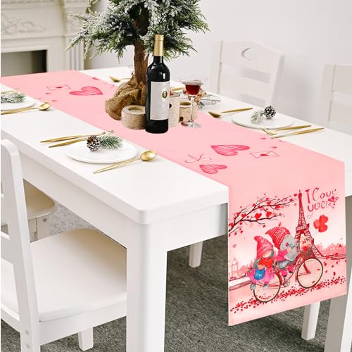 Saint Valentin Chemin de Table, Gnome Coeur d'amour Chemin de Table en Ligne Lavable, Romantique Design Coeur Chemin de Table, Rectangulaire Table Décoration...