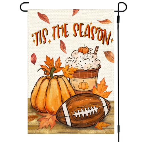 ARGOOFG Fall Garden Flag 12x18 Inch Double Sided Outside Tis the Season Autumn Leaves Rustic Football Pumpkin Spice Seasonal Decor Yard Outdoor Welcome Home Decoration