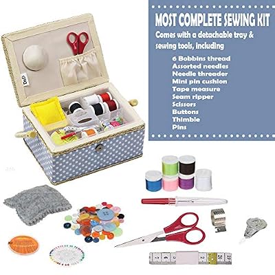 Sewing Box with Sewing Kit Accessories, D&D Wooden Sewing Basket Organizer with Accessories for Home, Travel, Blue Polka Dot