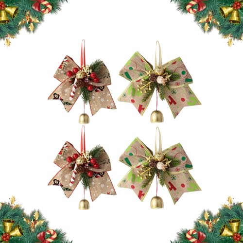 PLUSHCEWT 4 Piezas Lazos Navideños 12 * 15cm Lazos Decoracion con Campanas Navidad Decoración Colgante con Bayas Rojas Conos de Pino para Puerta de casa Interior Árbol Navidad Adorno (2 Estilos) (B)