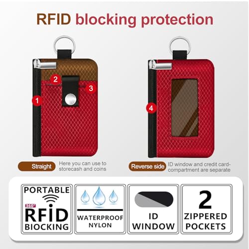 Image of Minimalist RFID Blocking Small Wallet with ID Window,WaterResistant Zip Id Case Wallet with Lanyard Keychain for Cards,Cash,Travel,Women,Men (Red /Brown)