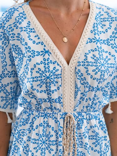 Image of CUPSHE Women Tassel Trim Summer Dress V Neck Lace Short Sleeve Paisley Boho Casual Sundress Holiday Beach Mini Dress