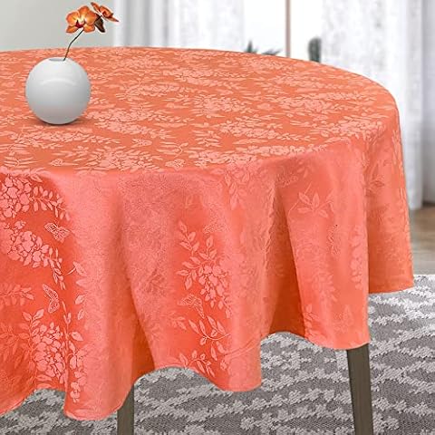 CAIT CHAPMAN HOME COLLECTION Solid Color Spring Garden with Butterflies and Flowers Jacquard Woven Tablecloth and Napkin (70" Round, Coral) Cover