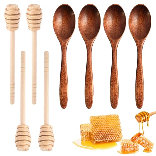 BORISCA 8 Pezzi Bastoncini Miele Set, 15cm Spargi Miele Legno 14cm Cucchiaio Miele Legno, in Legno, Cucchiaio per Miele in Legno per Miele e Sciroppo (4 + 4, Marrone)